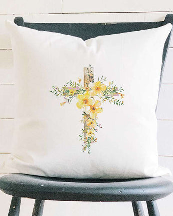 Yellow Floral Cross - Easter Square Canvas Pillow