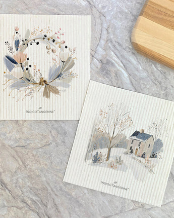 Winter Homestead and Wreath - 2pk Swedish Dish Cloth