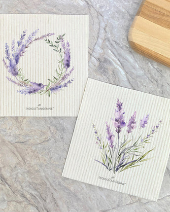 Watercolor Lavender and Lavender Wreath 2pk - Swedish Dish Cloth