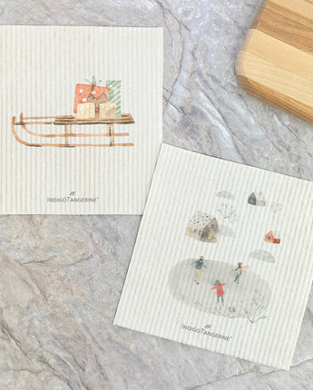 Watercolor Skating Sled 2pk - Swedish Dish Cloth