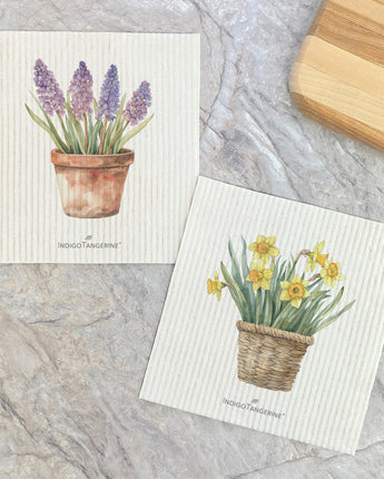 Set of Basket of Daffodils & Potted Hyacinths - Spring 2pk Swedish Dish Cloth
