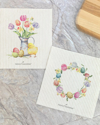 Set of Chicks and Tulip Wreath - Easter 2pk Swedish Dish Cloth