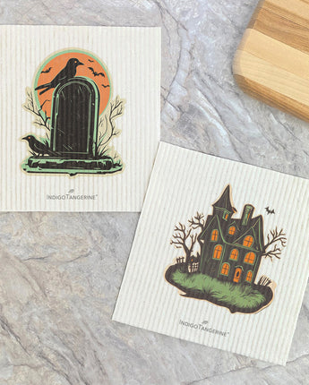 Retro Tombstone & Haunted House - Halloween 2pk Swedish Dish Cloth