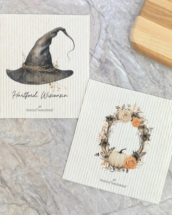 Witch Hat and Pumpkin Wreath - Autumn 2pk Custom Dish Cloth