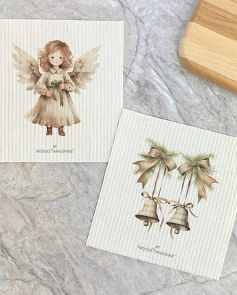 Simple Angel and Bells - 2pk Swedish Dish Cloth