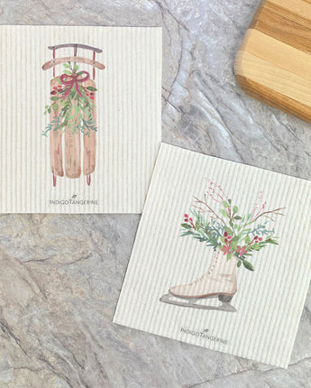 Winter Floral Ice Skate, Sled 2pk - Swedish Dish Cloth