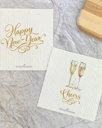 Champagne Cheers, Happy New Year Gold Script 2pk - Swedish Dish Cloth