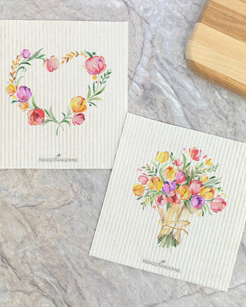 Spring Heart Wreath, Tulip Bouquet 2pk - Swedish Dish Cloth