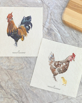 Watercolor Rooster, Hen with Chick 2pk - Swedish Dish Cloth
