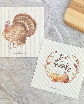 Watercolor Turkey, Give Thanks Pumpkins 2pk - Swedish Dish Cloth