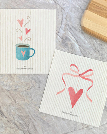 Valentine's Coffee, Ribbon Heart 2pk - Swedish Dish Cloth