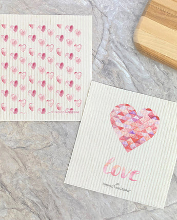 Watercolor Hearts, Triangle Heart Love 2pk - Swedish Dish Cloth
