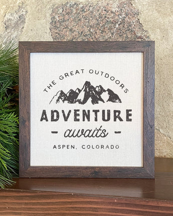 Adventure Awaits w/ City, State - Framed Sign