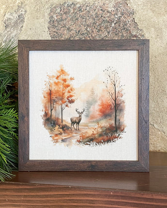 Watercolor Fall Forest and Deer - Framed Sign
