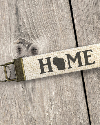 Distressed Home w/ State - Canvas Key Fob