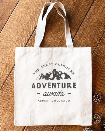 Adventure Awaits w/ City, State - Canvas Tote Bag