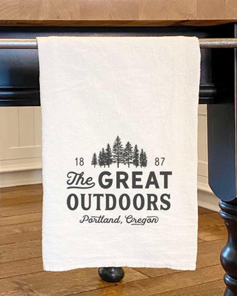 Great Outdoors w/ City, State - Cotton Tea Towel