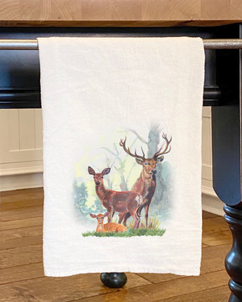 Deer Family in Forest - Cotton Tea Towel