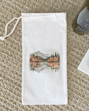 Fall Mountain Lake Scene - Customizable Canvas Wine Bag