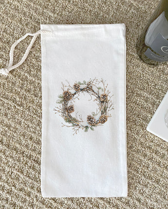 Rustic Pinecone Wreath - Winter Customizable Canvas Wine Bag