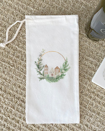 Wood Village Wreath - Canvas Wine Bag