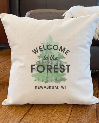 Welcome to the Forest w/ City, State - Square Canvas Pillow