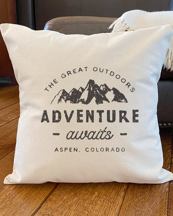 Adventure Awaits w/ City, State - Square Canvas Pillow