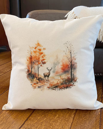 Watercolor Fall Forest and Deer - Square Canvas Pillow