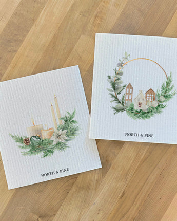 Pine Candles and Wood Village Wreath 2pk - Swedish Dish Cloth