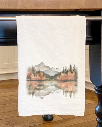 Fall Mountain Lake Scene - Customizable Cotton Tea Towel