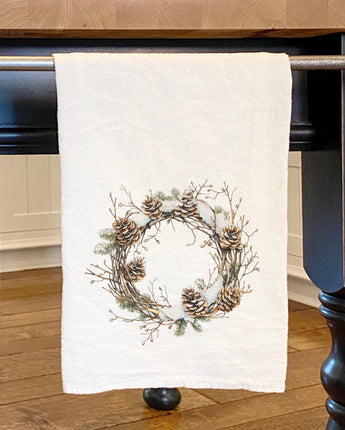 Rustic Pinecone Wreath - Winter Customizable Cotton Tea Towel