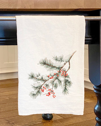 Rustic Frosted Pine and Berry - Customizable Cotton Tea Towel