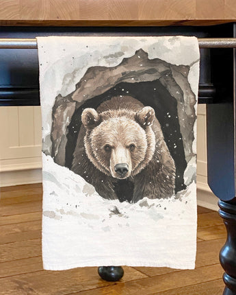Winter Bear in Snowy Den - Cotton Tea Towel