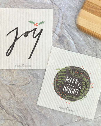 Joy, Merry and Bright Wreath 2 pk - Swedish Dish Cloth