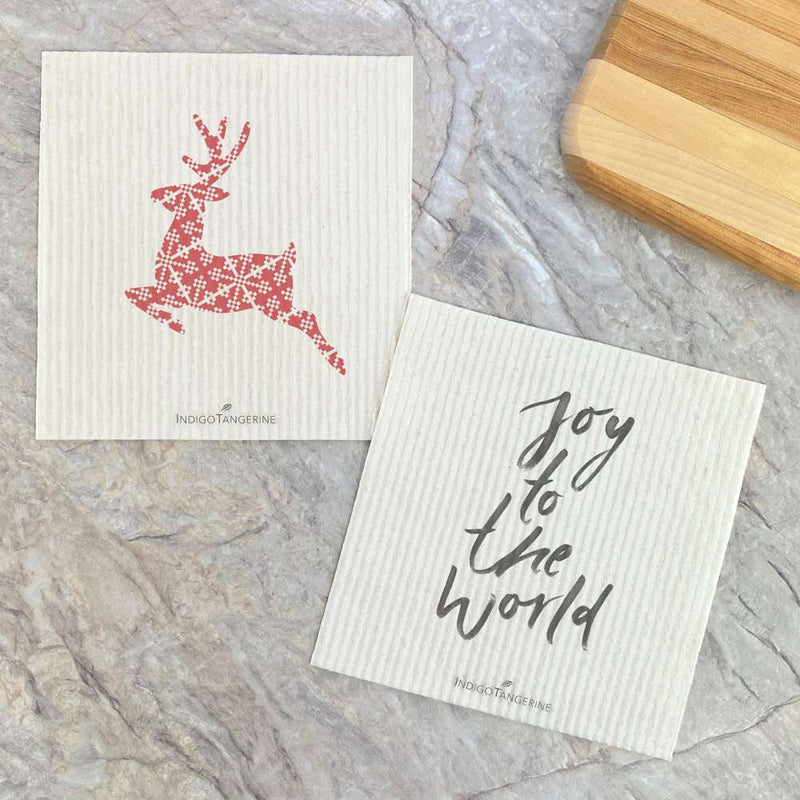 Joy to the World, Red Holiday Deer 2 pk - Swedish Dish Cloth