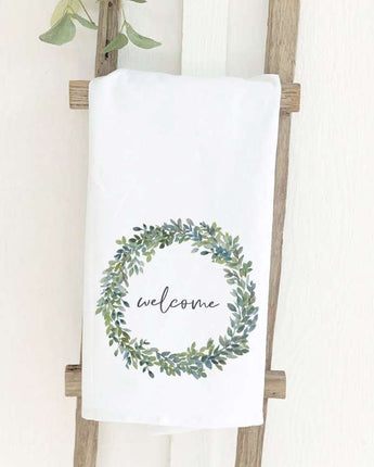 Welcome Boxwood Wreath - Cotton Tea Towel