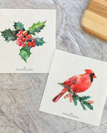 Holly and Berries, Cardinal 2 pk - Swedish Dish Cloth