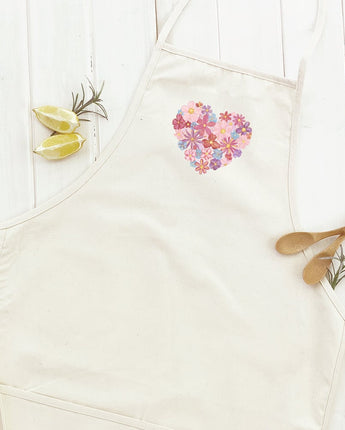 Women's Cooking Apron - Cotton Canvas Floral Heart With Pockets & Twill Ties